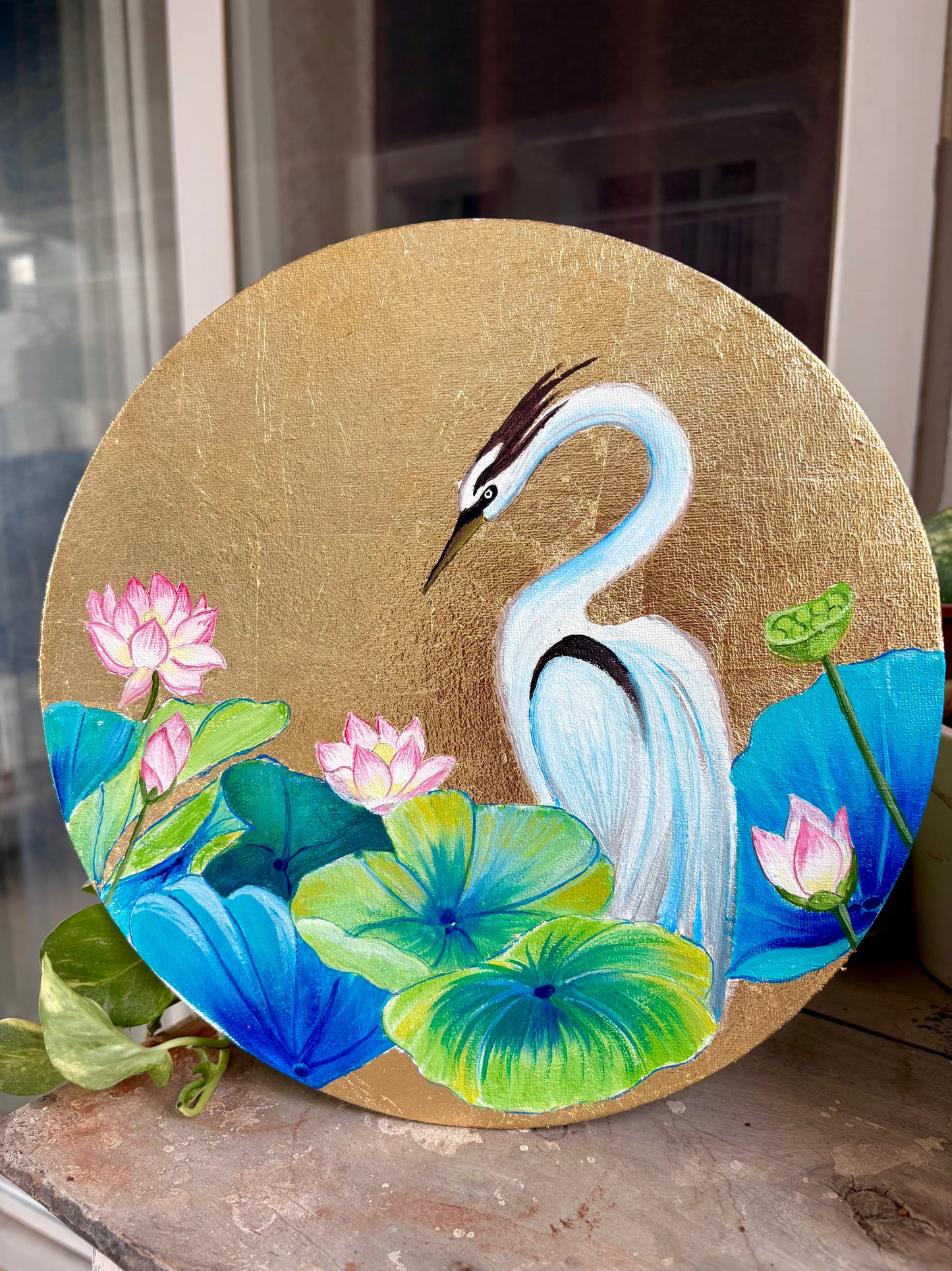 Acrylic + Gold Leaf Painting - Heron in a Lotus Lake (Recorded)