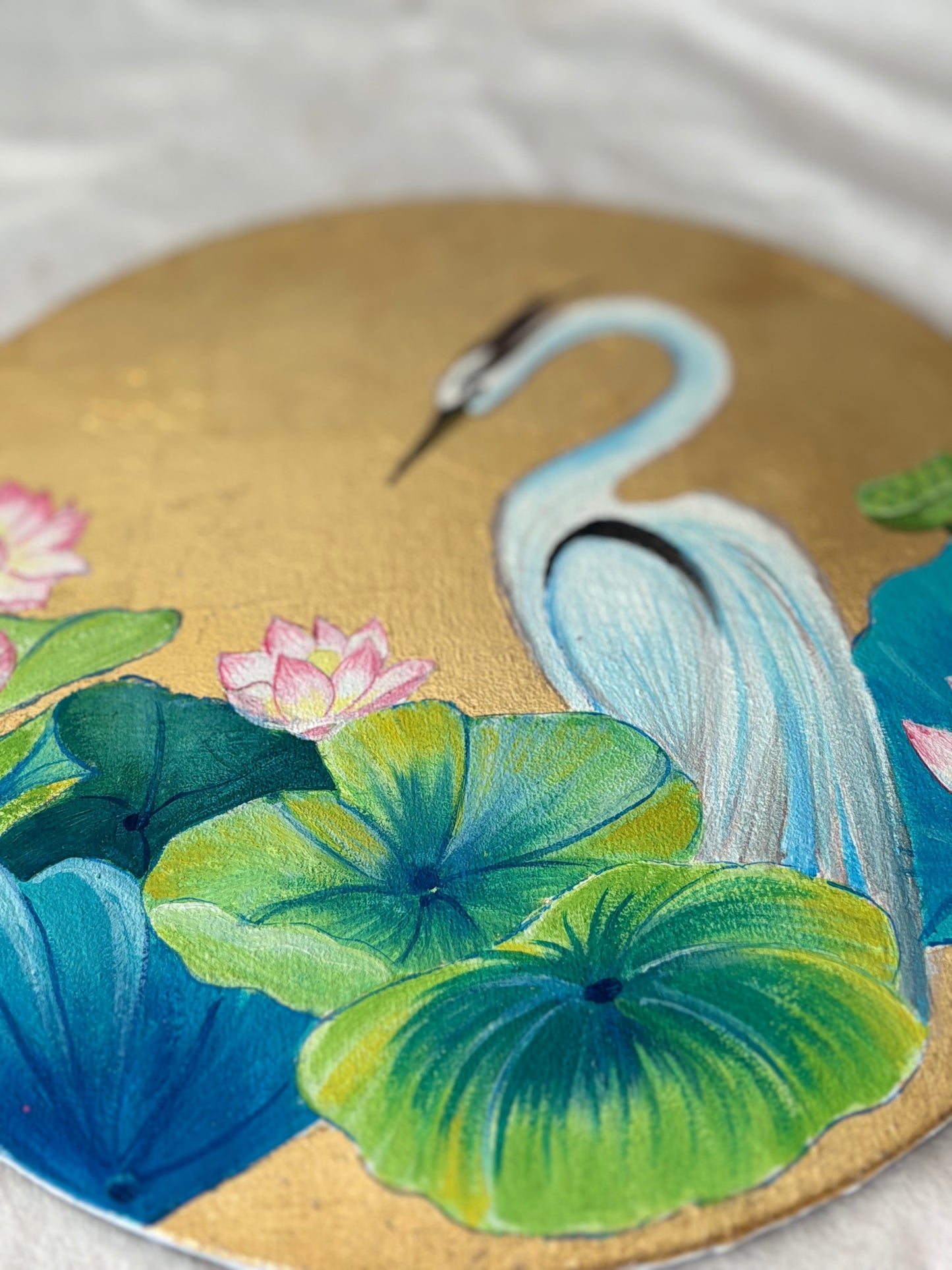 Acrylic + Gold Leaf Painting - Heron in a Lotus Lake (Recorded)